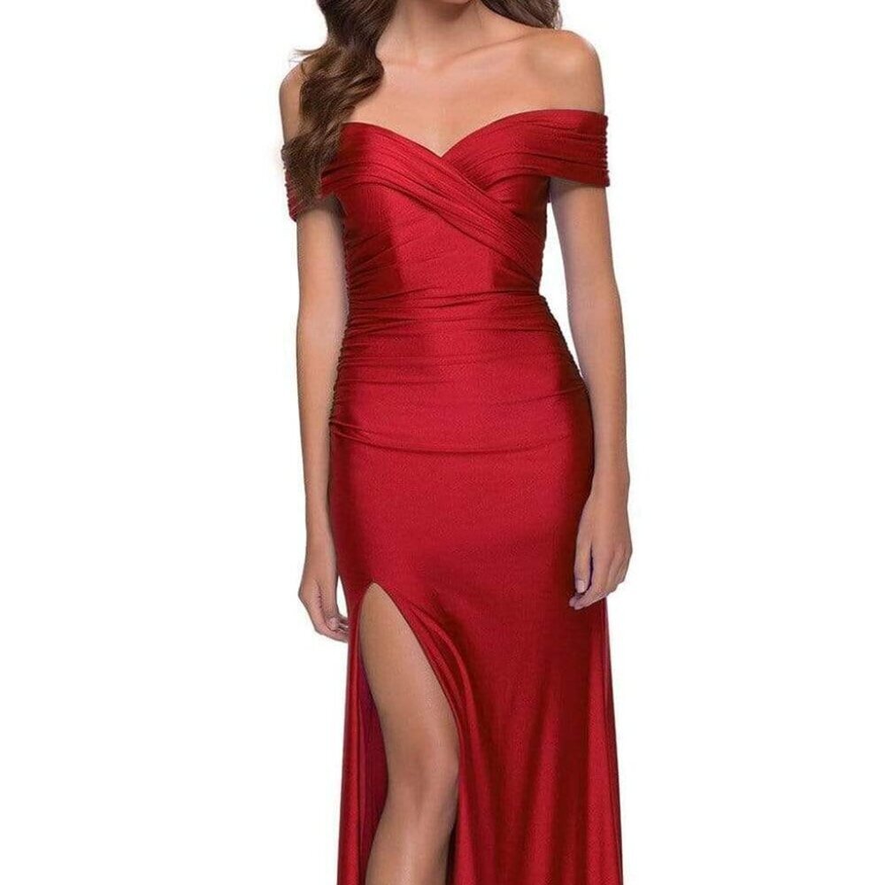 La Femme Red Off-Shoulder Ruched Gown with Thigh Slit